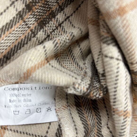 Zaful Womens Flannel/Fleece Button Up Shacket Jacket Sz 6 Tan Nude Plaid Neutral - Picture 9 of 9